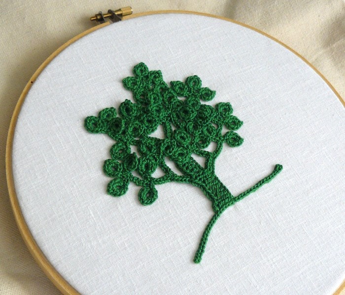 Embroidery Hoop Art Wall Hanging -- Crochet Tree on a Hillside - CaitlinSainio