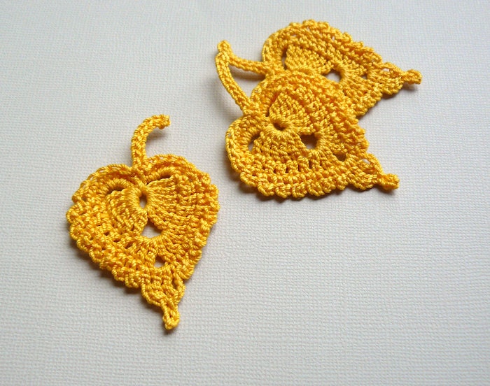 3 Crochet Leaf Appliques -- Gold Birch Leaves - CaitlinSainio