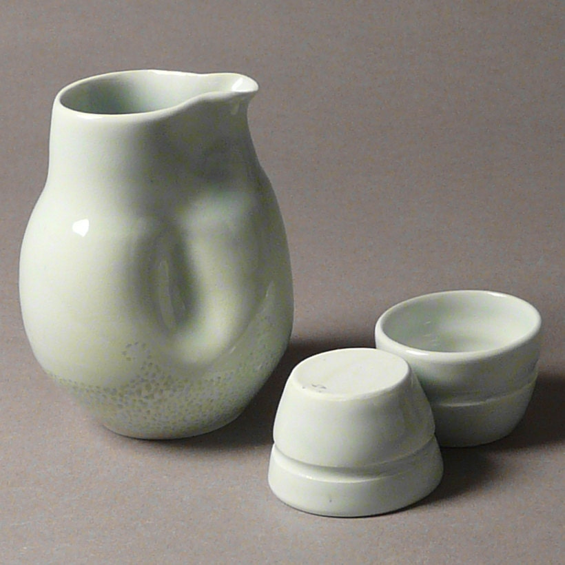 Sake Pitcher  with a Pair of Cups- Patterned Pale Translucent Green