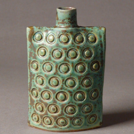 Stoneware oval flask bottle vase in blue-green embossed dots