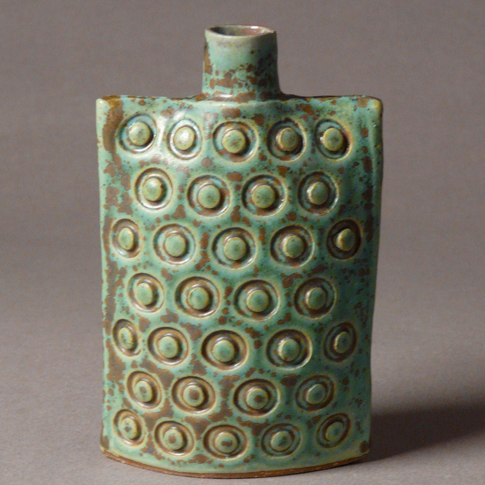 Stoneware oval flask bottle vase in blue-green embossed dots