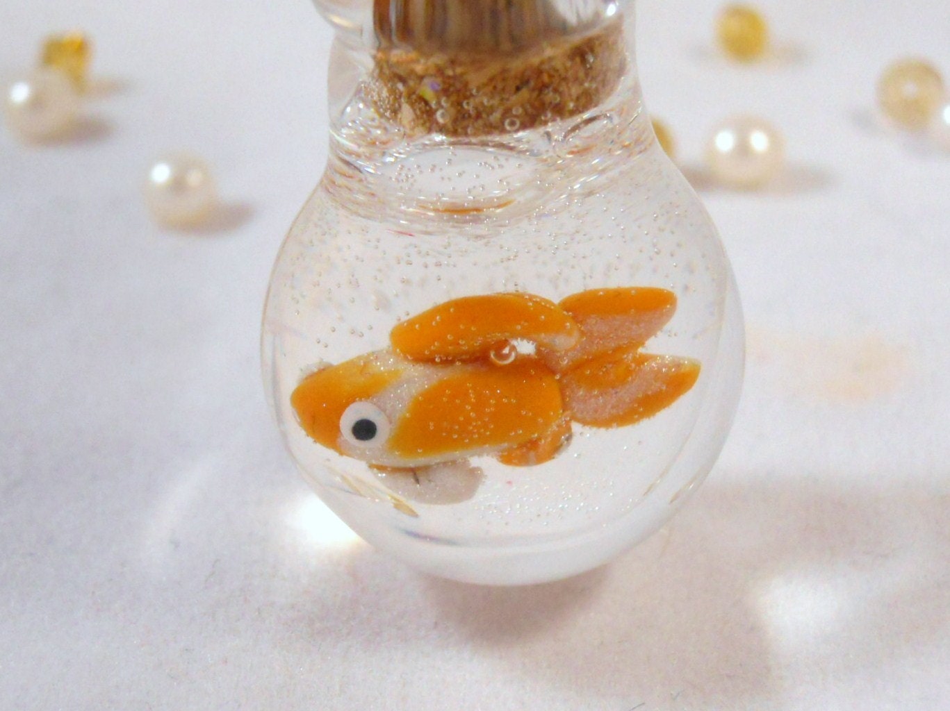 Tiny Goldfish In A Bowl - Necklace or Keychain - Lampwork Glass and Polymer Clay