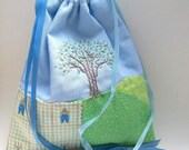 Home Tree Keepsake Drawstring Bag - for Travel and Tarot - Hand Embroidered, Handmade OOAK - Light Blue, Green, Birdhouse, Free US Shipping