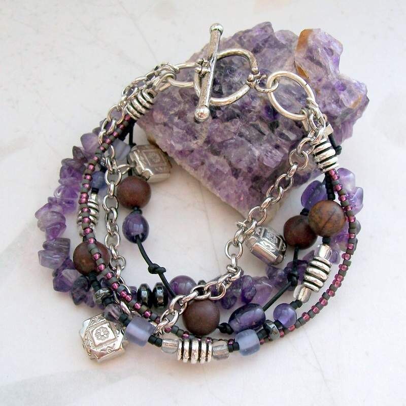 Amethyst Jasper Hematite Multi Five Strand - Uptown Bracelet - Handmade OOAK - Silver, Purple, Dark, Free US Shipping