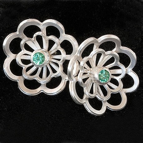 Silver Layered Flower Earrings - Emeralds