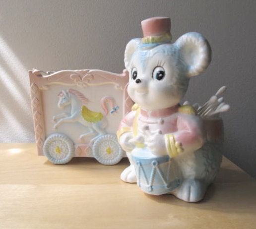 circus theme nursery, vintage ceramic baby planters, teddy bear