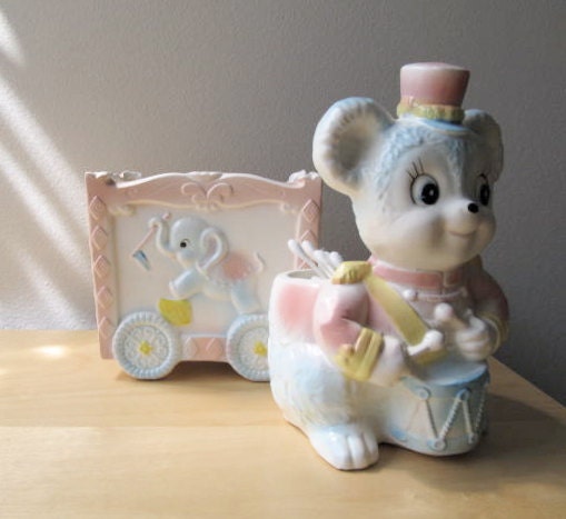 circus theme nursery, vintage ceramic baby planters, teddy bear