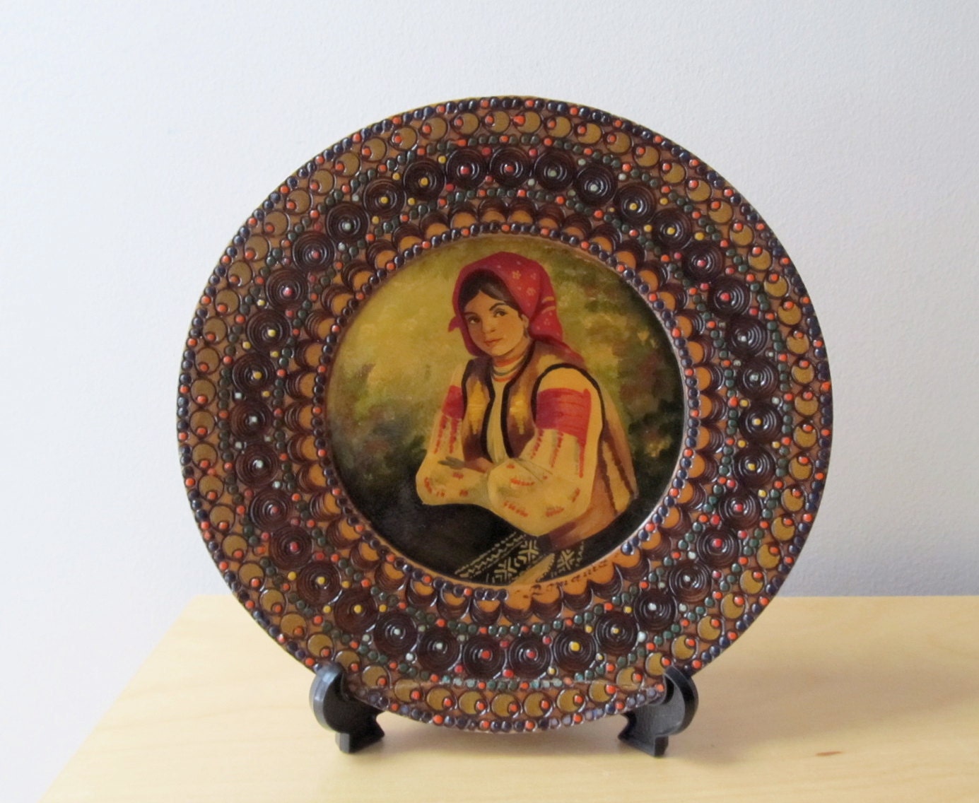 folk art, vintage oil portrait, Romanian peasant girl, hand painted wooden plate