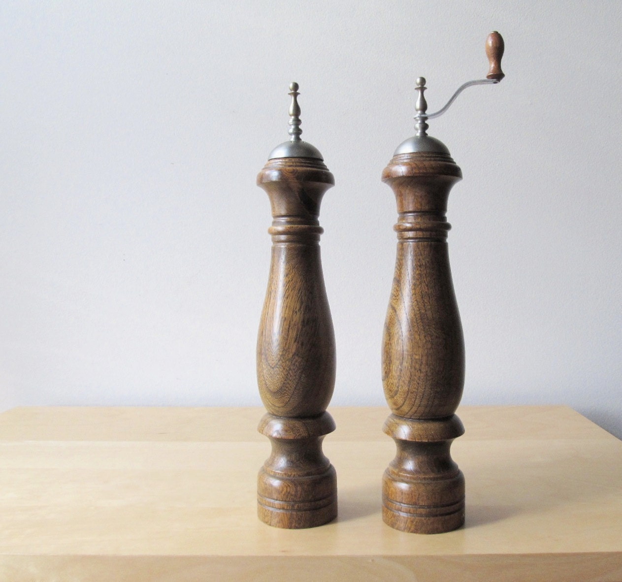pair vintage turned wood salt shaker and pepper mill