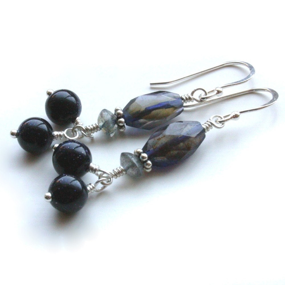 Blue Iolite Labradorite Sterling Silver Nautical Gemstone Earrings - Starry Night Handcrafted