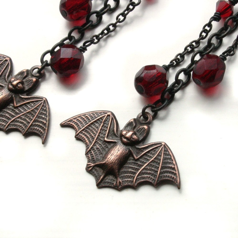 Vampires Blood Brass Bat Red Halloween Earrings - Handmade Jewelry