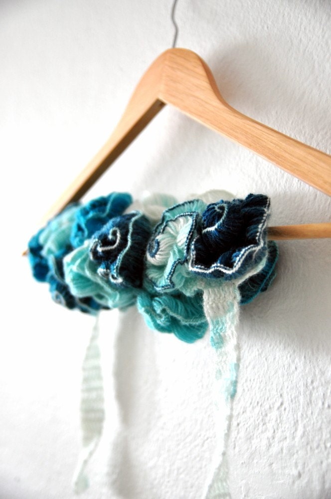 Turkish rose handmade knit crochet mohair neckwarmer  Turquoise sapphire ivory cornflower teal iris royal - Ayca