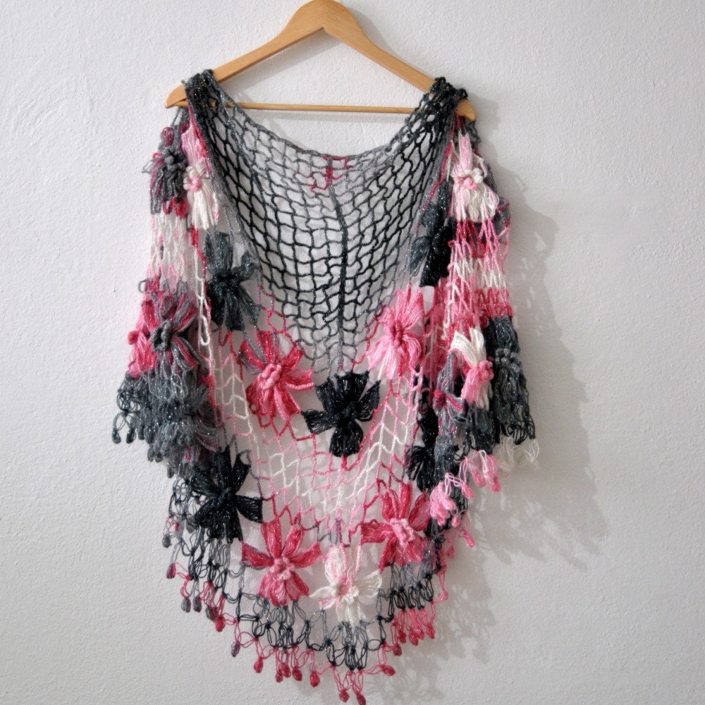 Spring fashion big French flower shawl with sparkly mohair handmade knit crochet... gray grey pink pale white shimmery