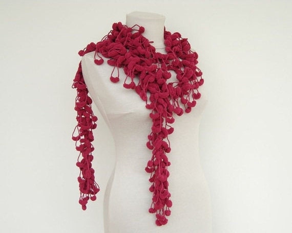 Maroon Crochet Scarf Mulberry Cocoon Raspberry Pompom Winter Accessories