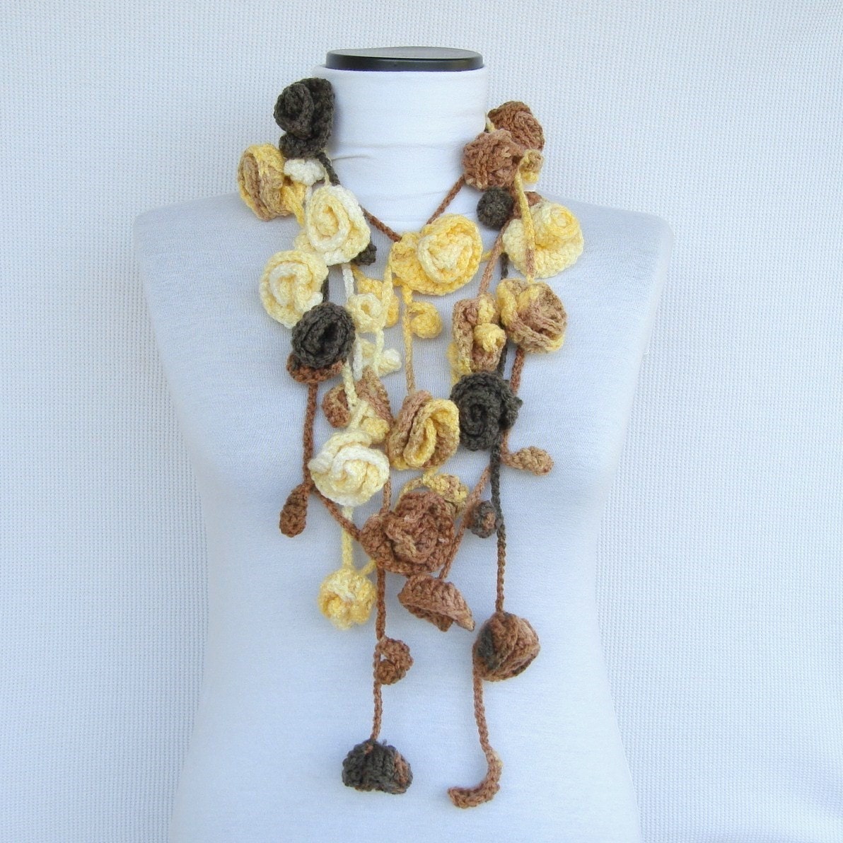 WAS 40...Turkish Roses and leaves lariat, belt, necklace ... Brown , tan , khaki , yellow ,white , mustard autumn colors