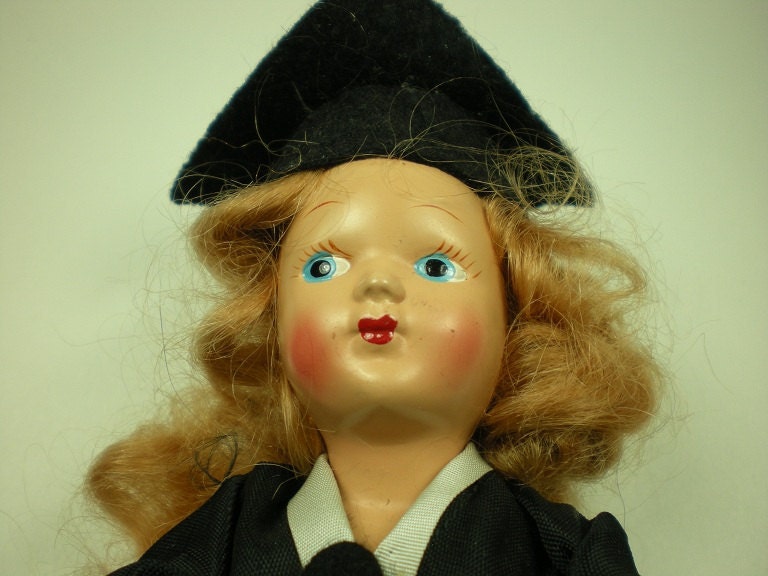 Vintage 1950s Virga Doll Graduate In Box Graduation Cap and Gown 8 inch Doll