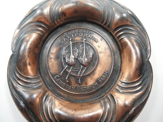 Vintage Cawston Ostrich Farm Souvenir Art Nouveau Metal Dish Ashtray