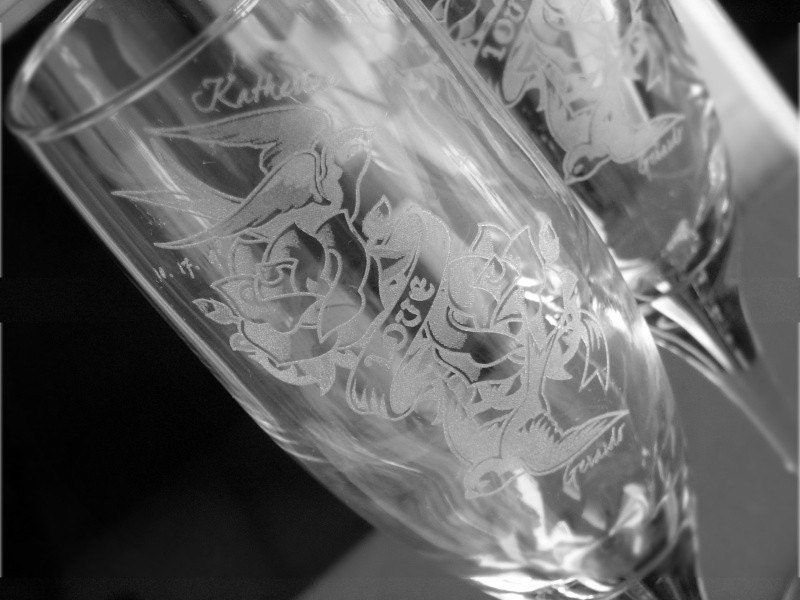 Tattoo Sparrow True Love- Engraved Wedding Glass Toasting Flutes