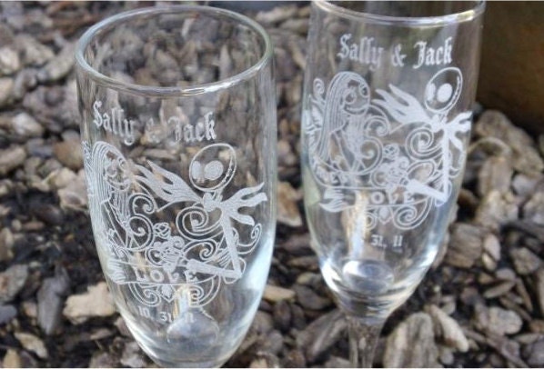 Jack Skellington and Sally- Engraved Wedding Glass Toasting Flutes