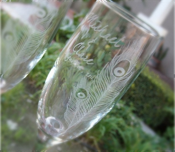 Peacock Feather- Engraved Wedding Glass Toasting Flutes