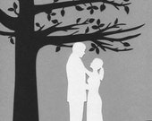 First Wedding Anniversary Paper Cut Silhouette tree loving Couple 8X10 Unframed