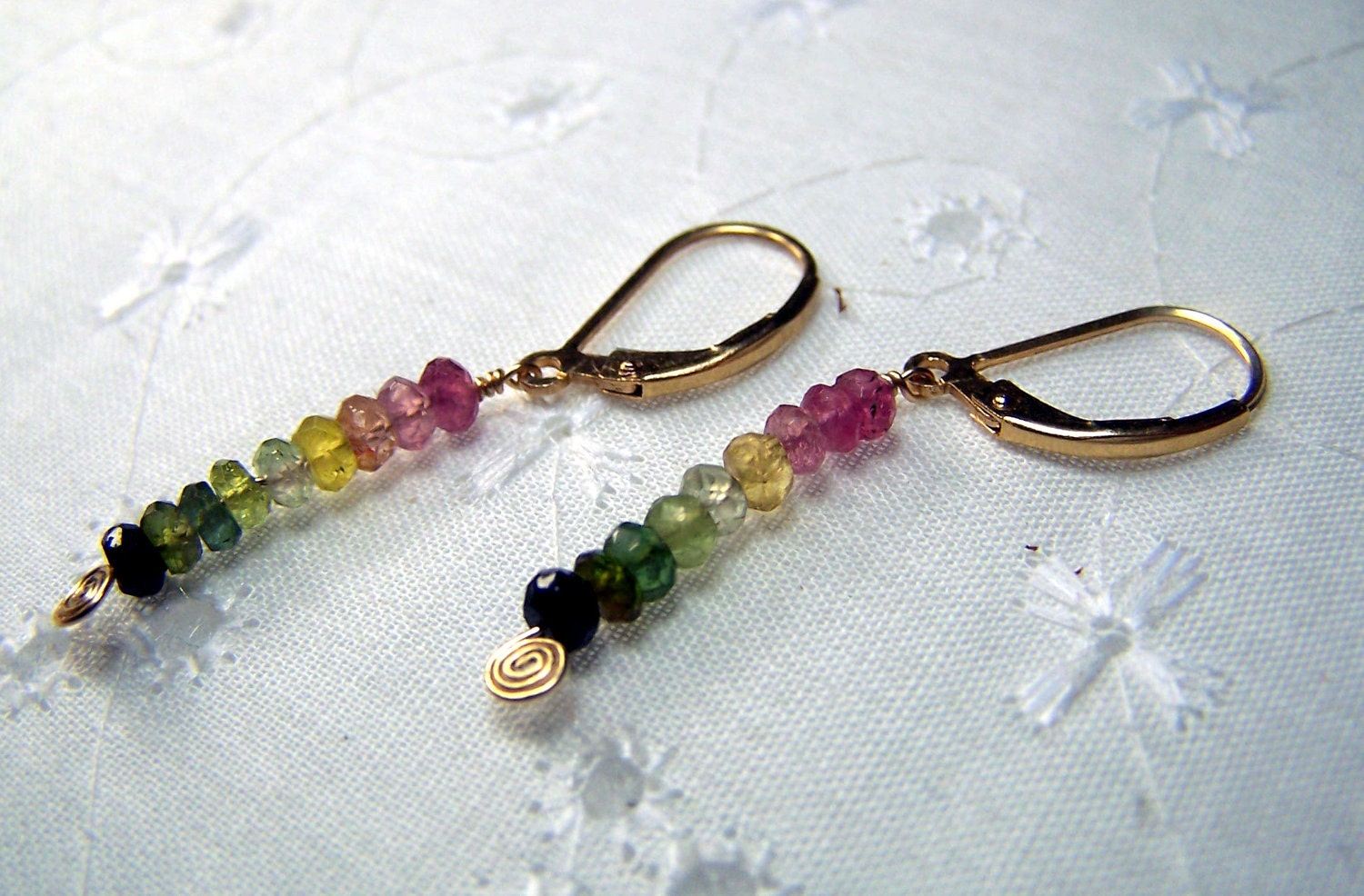 Tourmaline Earrings - Rainbow of Faceted Tourmaline gemstones - Lever Back Gold Vermeil - Pink Green Yellow Black - Watermelon - Leverback
