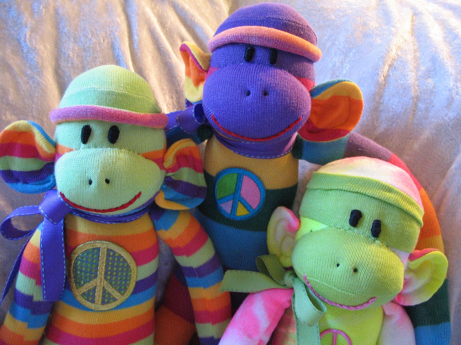 Personalized Peace Sign Bright Stripes Sock Monkey.  Electric Yummy Mango Lime Grape  and Cranberry.