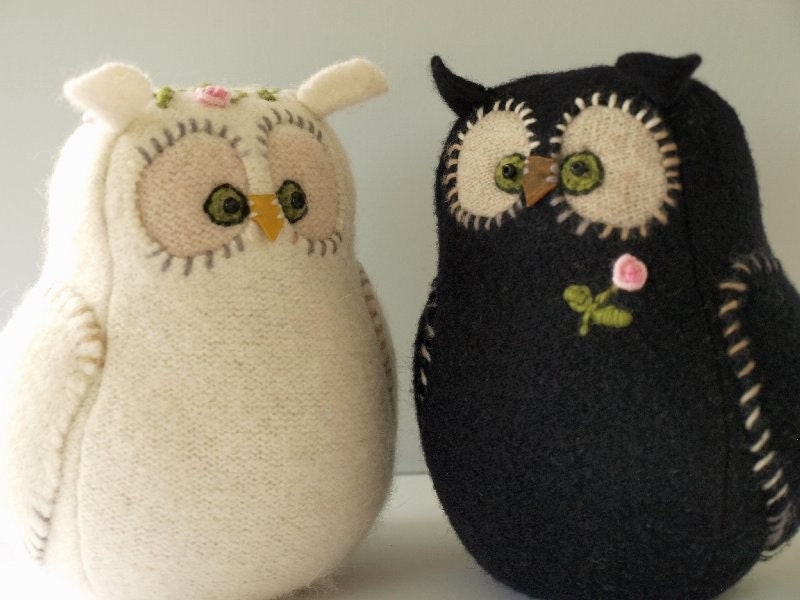 Felted Wool Eco Wedding Cake Topper I Do Owlcouple in Black and White RESERVED FOR CINDY