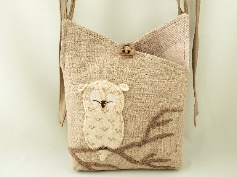 Upcycled, Repurposed Eco Friendly Linen Messenger Bag in Natural Color, Beige and Natural White with Owl Applique and Adjustable Leather Strap