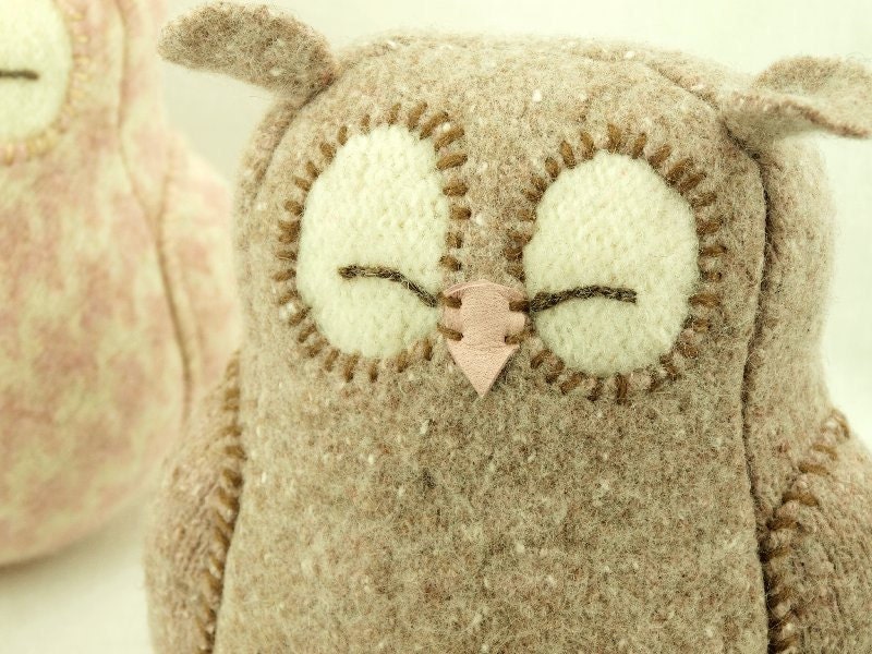 Light Beige Brown Sleepy Owl Felted Wool Lamb Wool Stuffing Height 7" Eco Friendly Upcycled