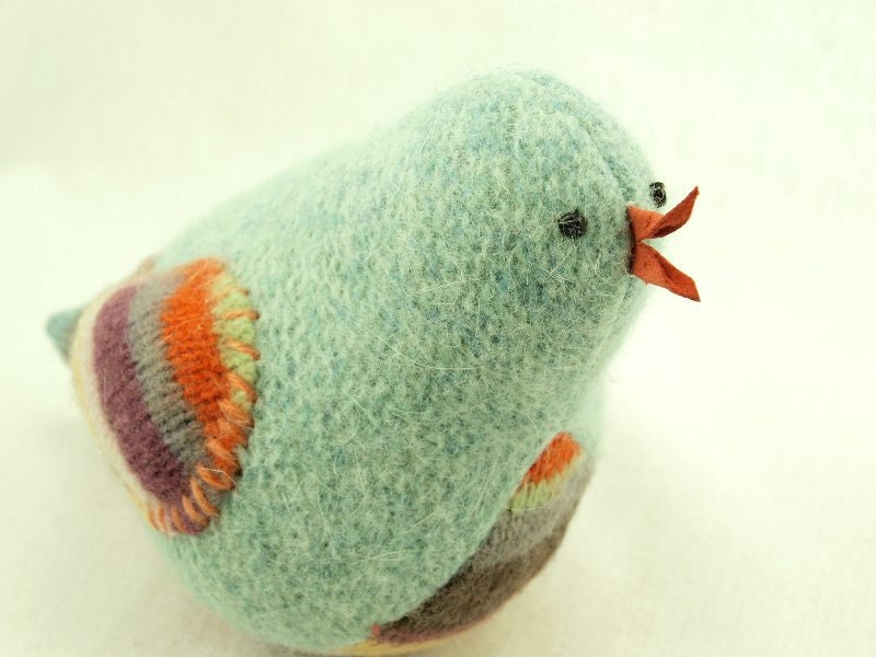 Light Turquoise Bird with Colorful Wings Felted Wool Home Decor Ornament Nursery Lamb Wool Stuffing RESERVED FOR LISA