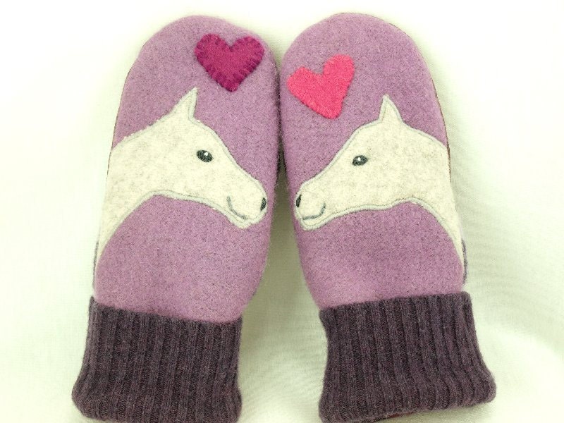 Felted Wool Mittens Horse Recycled Wool Mittens Lilac Grey Pink Horse Applique Fleece Lining Leather Palm Eco Friendly Upcycled Size S/M