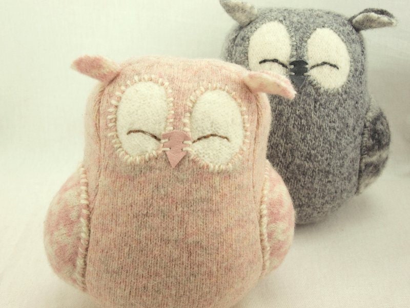 Nursery Decor Owl Light Pink Sleepy Owl Recycled Felted Wool Eco Friendly Lamb Wool Stuffing Height 7"