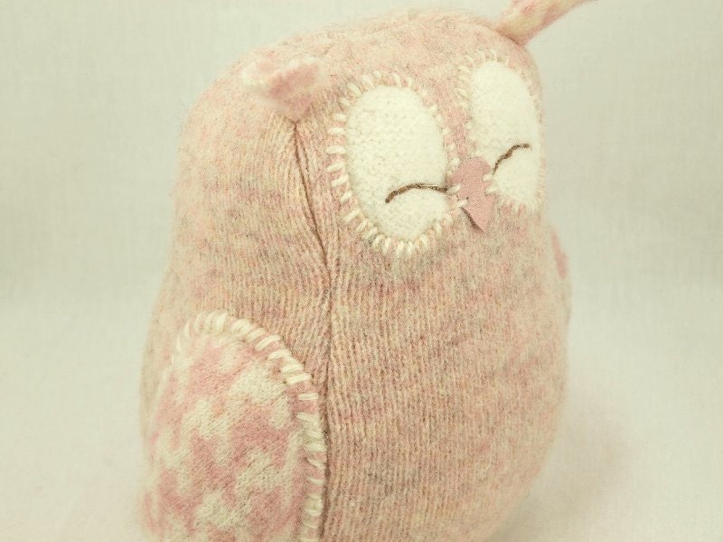 Nursery Decor Owl Light Pink Sleepy Owl Recycled Felted Wool Eco Friendly Lamb Wool Stuffing Height 7"