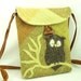 Owl Shoulder Bag Purse Linen Upcycled Linen Tote in Moss Green Lime Brown Owl Applique and Adjustable Strap