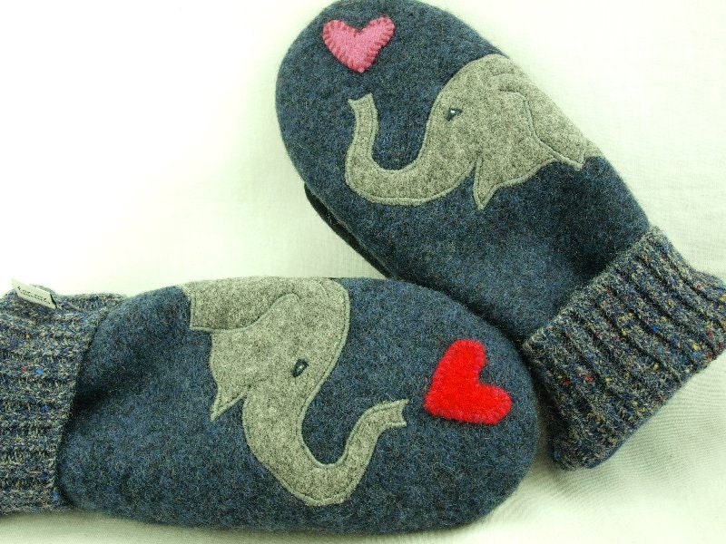 Wool Sweater Mittens Recycled Mittens Elephant Mittens Grey Applique Fleece Lined Mittens Leather Palm Eco Friendly Up Cycled Size L