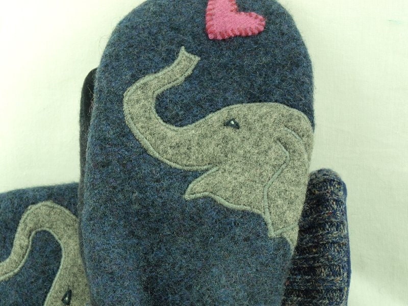 Wool Sweater Mittens Recycled Mittens Elephant Mittens Grey Applique Fleece Lined Mittens Leather Palm Eco Friendly Up Cycled Size L