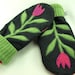 Mittens Felted Wool Recycled Mittens Flower Applique in Black Green and Pink Fleece Lining Leather Palm Up Cycled Eco Friendly Size M