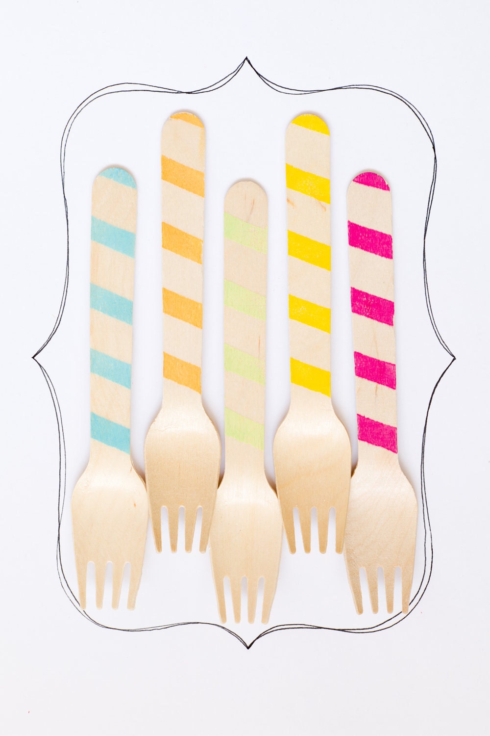 20 Wooden Forks - Graphic Stripes In Great Colors - Great Alternative To Plastic Utensils
