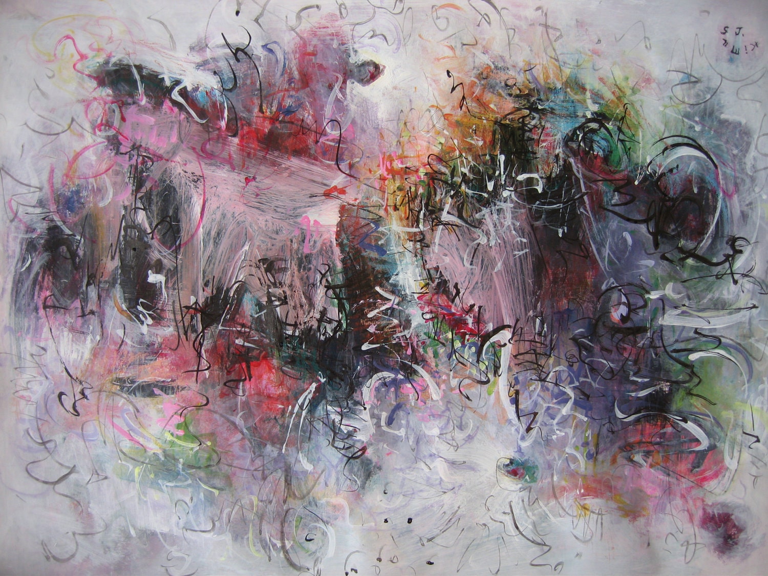 Original pink abstract painting purple pink green black art blooming paintings art abstract colorful spring painting 18x24 by sj.kim