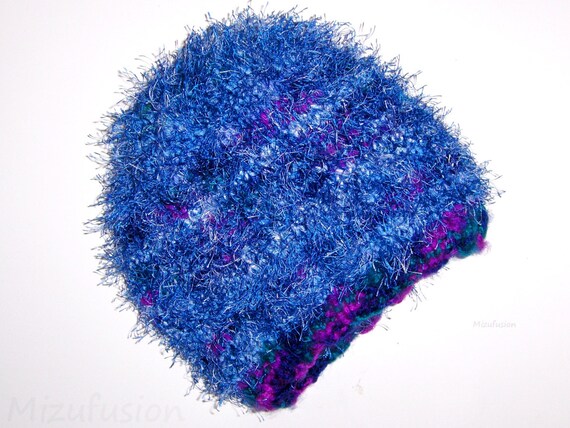Navy Blue Furry Knitted Scrap Hat - Eco Conscious fuzzy beanie in purple, blue, and green