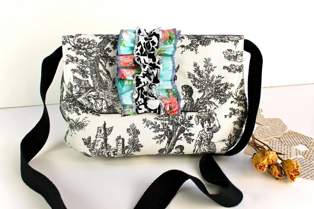 Women's Shoulder Bag with Long Strap - Black and White Toile