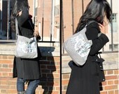 Women's Canvas Tote Bag - Adjustable Strap - Black and White - Stripes - Toile - Ruffles