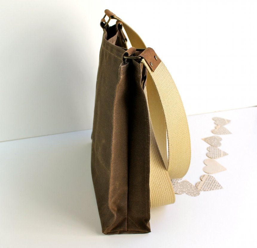 Waxed Canvas Tote Bag -Women's Shoulder Bag - Vintage Lace - Chestnut Brown