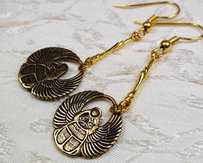 Egyptian Revival Style Scarab Earrings Brass