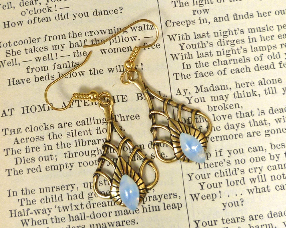 Art Deco Earrings Opal Blue Sabrina Glass Brass Teardrop