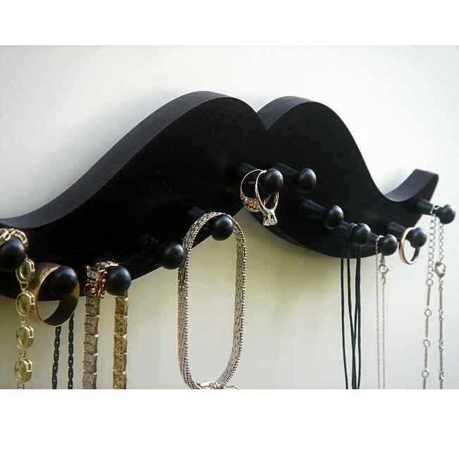 MUSTACHE  black wooden NECKLACE wall rack holder 12 pegs