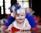 Red, Royal, and White July 4th Over The Top Boutique Hair  Bow on Matching 1.5 inch Headband Free Shipping On All Addional Items