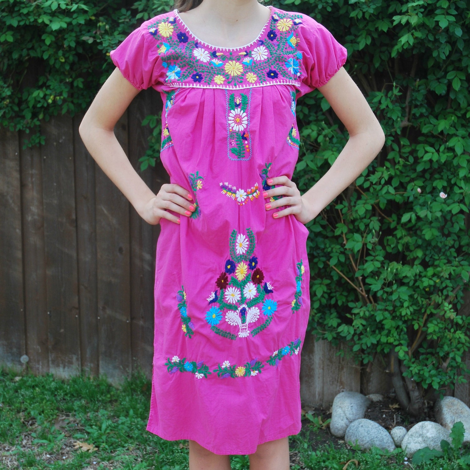 Mexican DRESS in Hot Pink with Embroidered Flowers