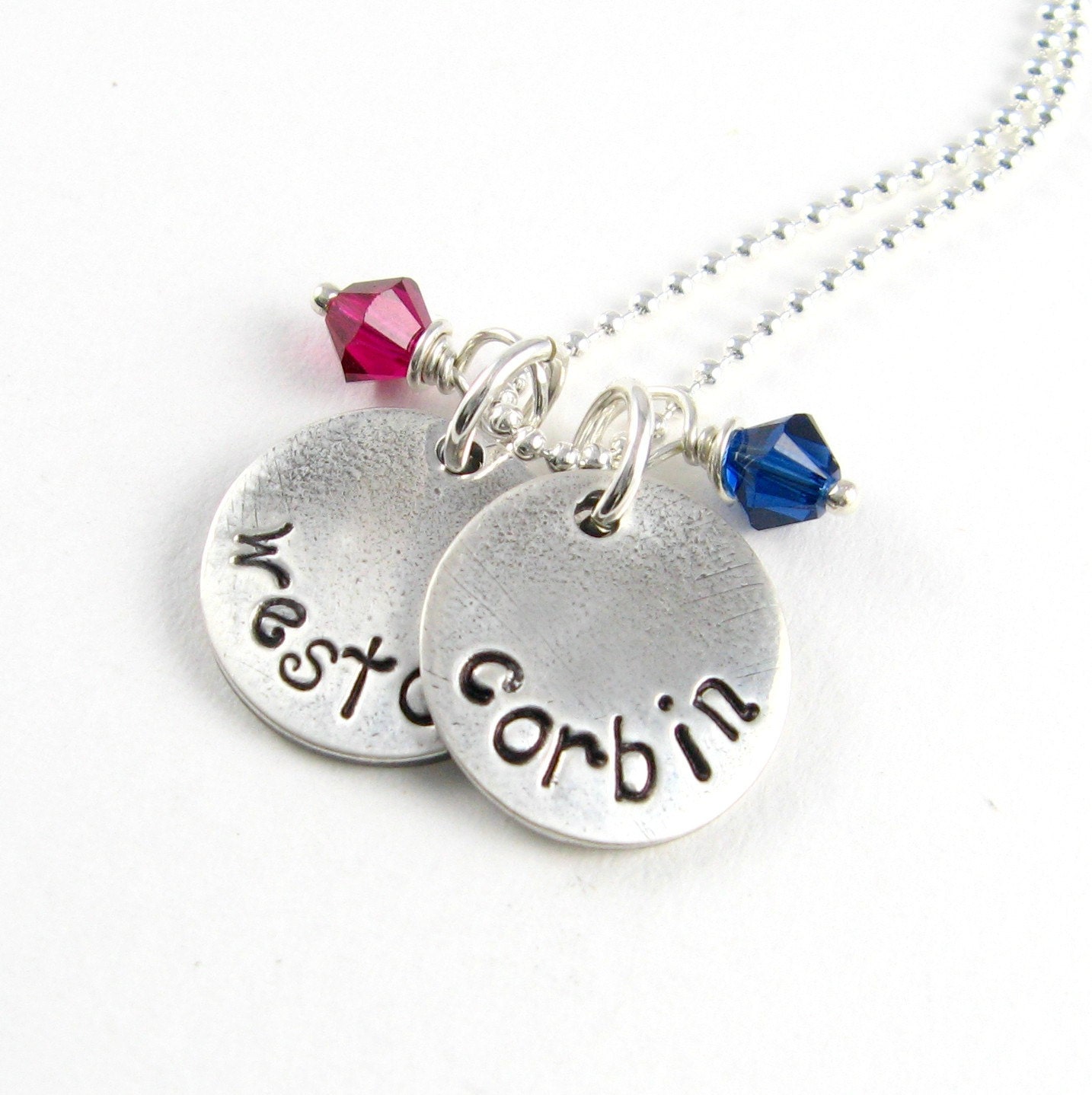 Personalized Name Handstamped Silver Necklace Personalized Mother's Necklace PMC Fine Silver Birthstone Charm Necklace Swarovski Crystals